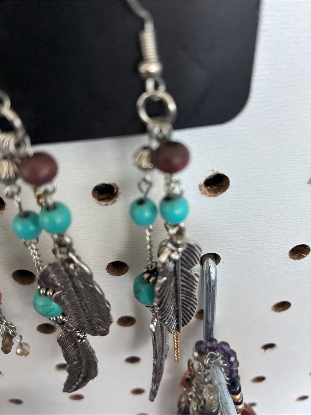 Boho Silver Feather Drop Earrings with Turquoise Beads